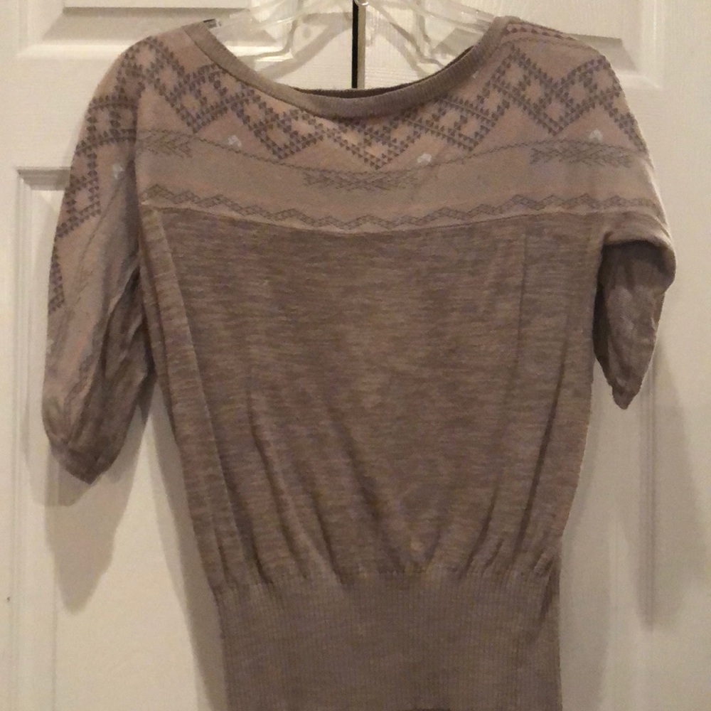 Tan patterned blouse from Anthropologie